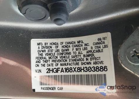 2008 Honda Civic Ex from USA, damaged, VIN 2HGFA168X8H303886